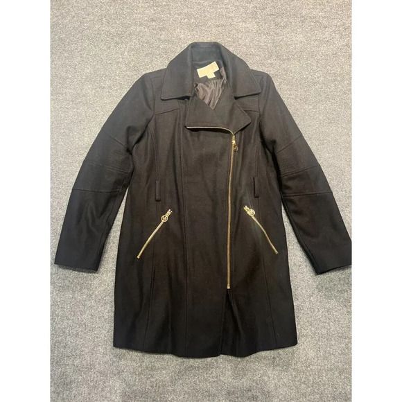 Michael Michael Kors Womens Black Wool Long Sleeve Zip Pockets Trench Coat Sz S - Picture 4 of 12
